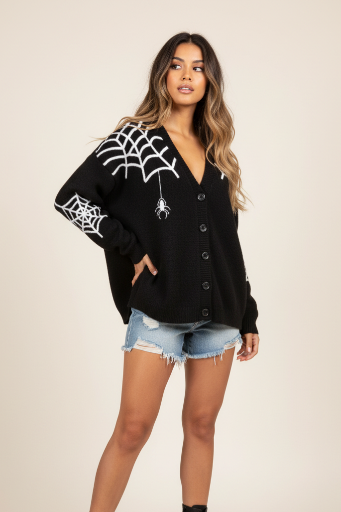 Women's Black Cardigan - Spider Web V-Neck Halloween Sweater