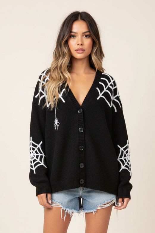 Women's Black Cardigan - Spider Web V-Neck Halloween Sweater