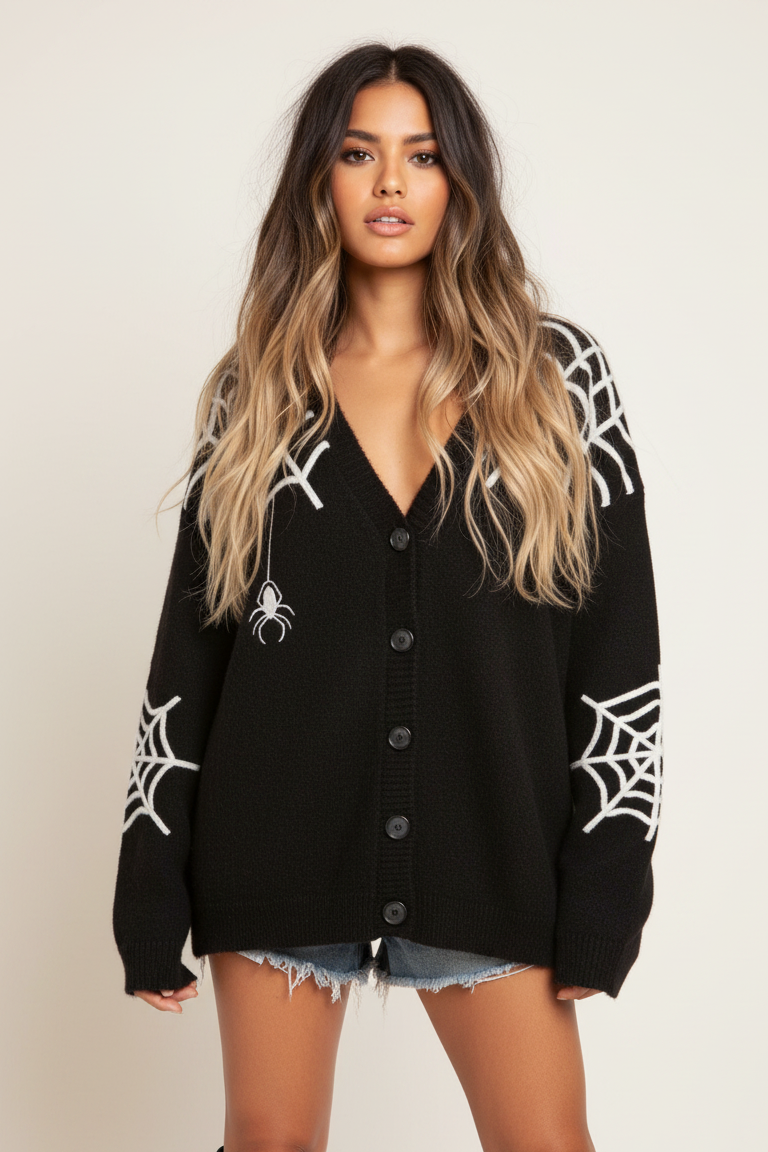 Women's Black Cardigan - Spider Web V-Neck Halloween Sweater