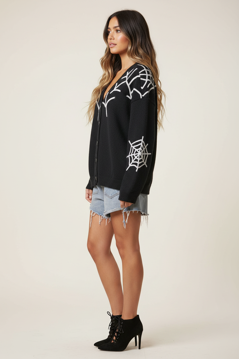 Women's Black Cardigan - Spider Web V-Neck Halloween Sweater