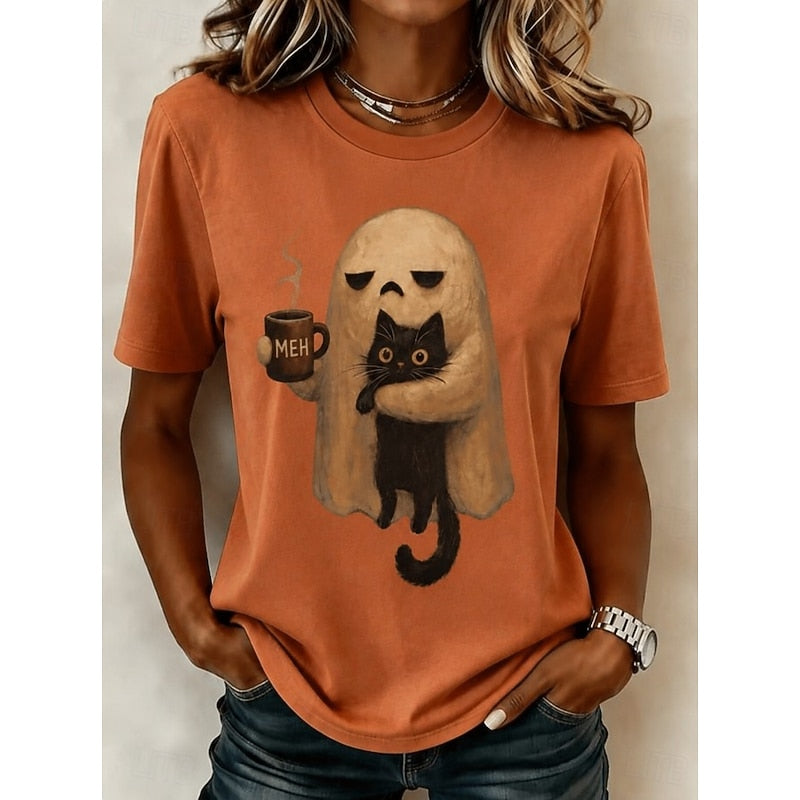 Ghost Cat Black Halloween Graphic Tee