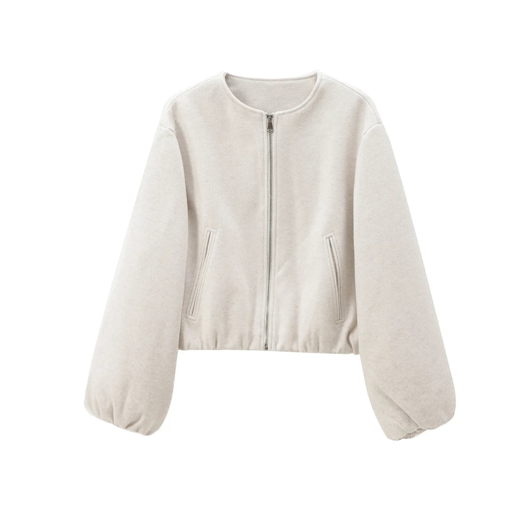 Women's Textured Cropped Zip Front Bomber Jacket – Balloon Sleeve Casual Outerwear