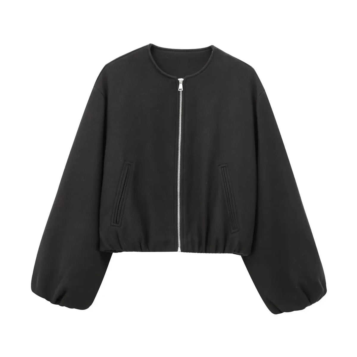 Women's Textured Cropped Zip Front Bomber Jacket – Balloon Sleeve Casual Outerwear