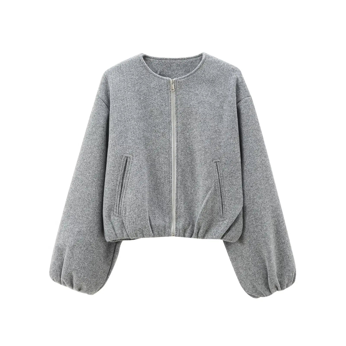 Women's Textured Cropped Zip Front Bomber Jacket – Balloon Sleeve Casual Outerwear