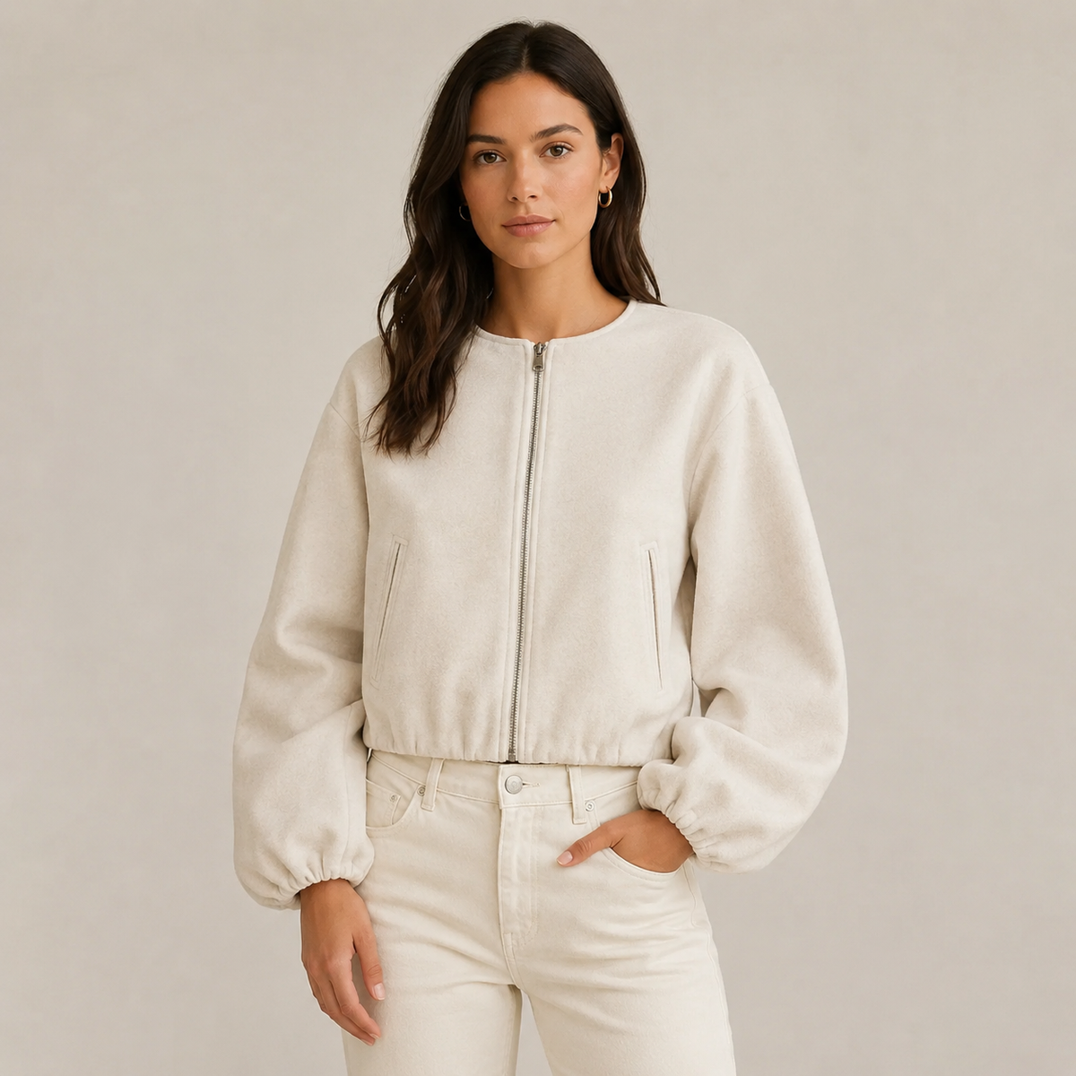 Women's Textured Cropped Zip Front Bomber Jacket – Balloon Sleeve Casual Outerwear