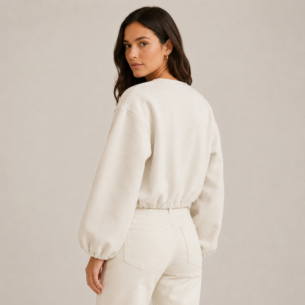 Women's Textured Cropped Zip Front Bomber Jacket – Balloon Sleeve Casual Outerwear