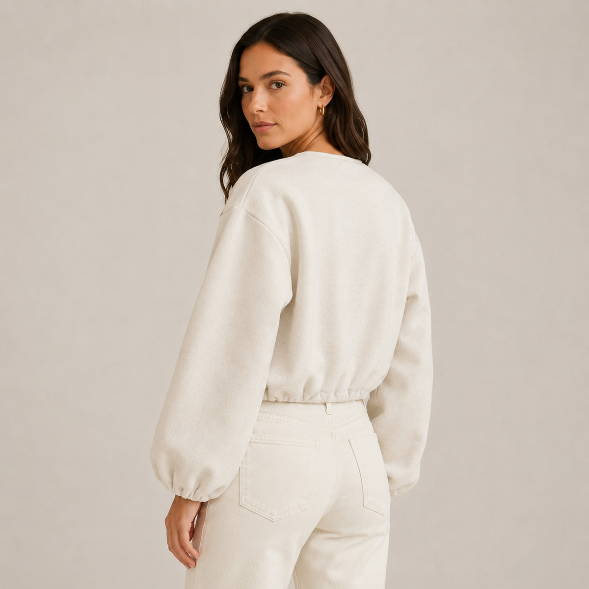 Women's Textured Cropped Zip Front Bomber Jacket – Balloon Sleeve Casual Outerwear