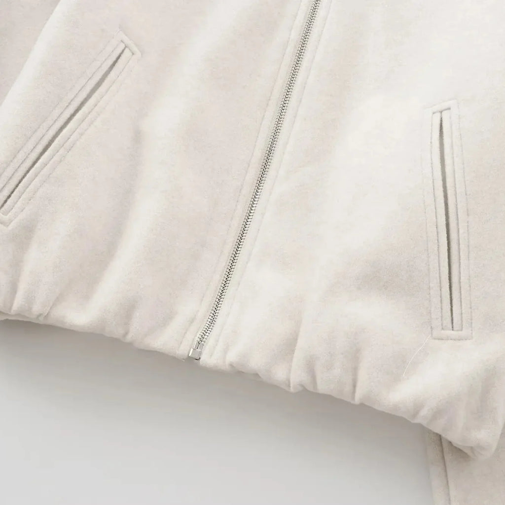 Women's Textured Cropped Zip Front Bomber Jacket – Balloon Sleeve Casual Outerwear