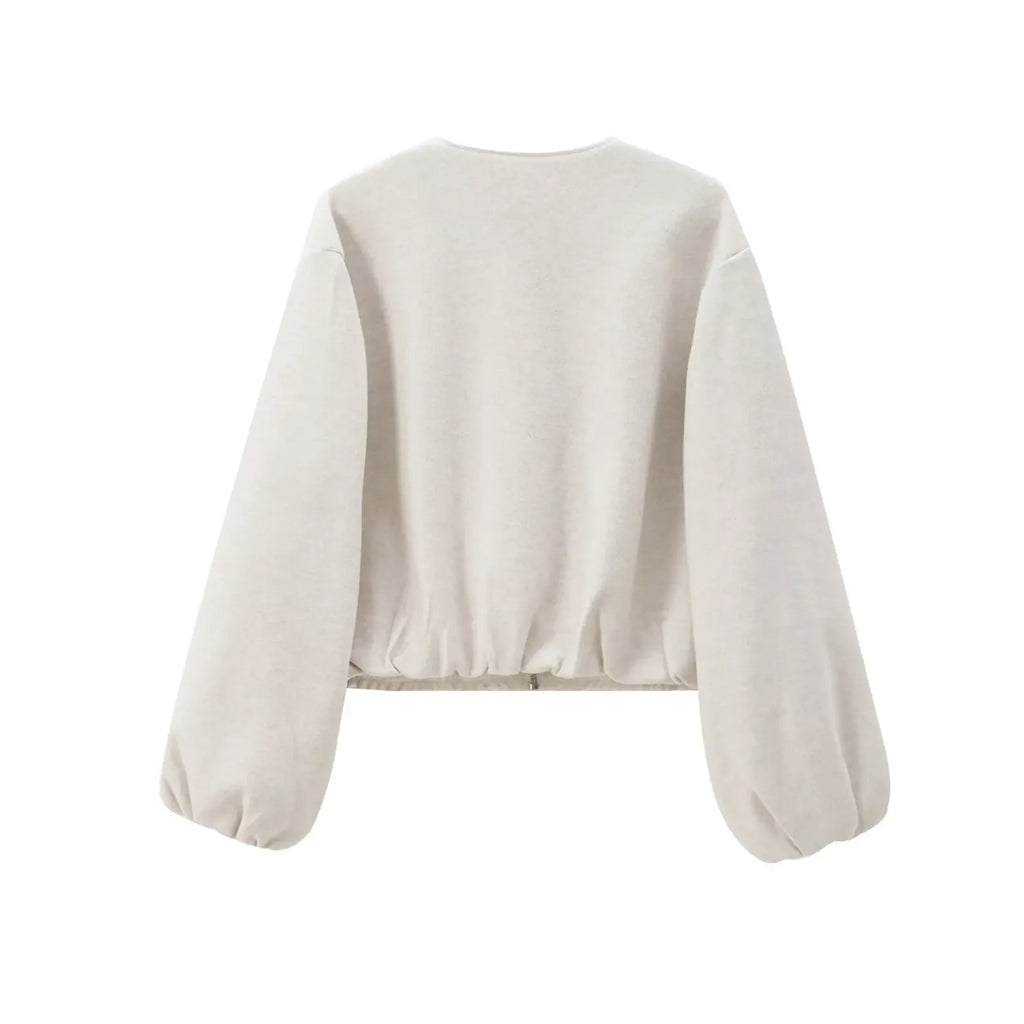 Women's Textured Cropped Zip Front Bomber Jacket – Balloon Sleeve Casual Outerwear