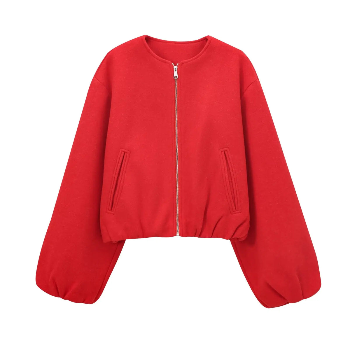 Women's Textured Cropped Zip Front Bomber Jacket – Balloon Sleeve Casual Outerwear