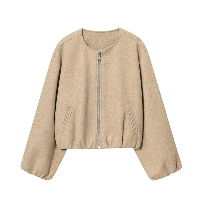Women's Textured Cropped Zip Front Bomber Jacket – Balloon Sleeve Casual Outerwear