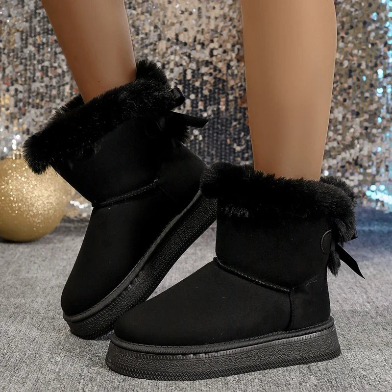 Women's Faux Fur Trim Flat Ankle Boots | Suede-Look Winter House Shoes