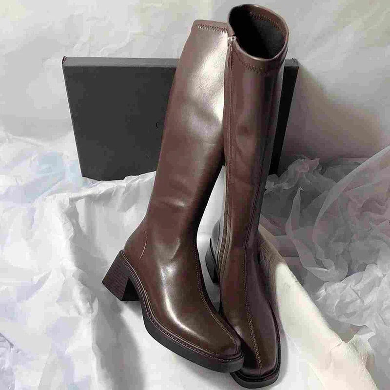 Women's Faux Leather Square Toe Knee-High Boots