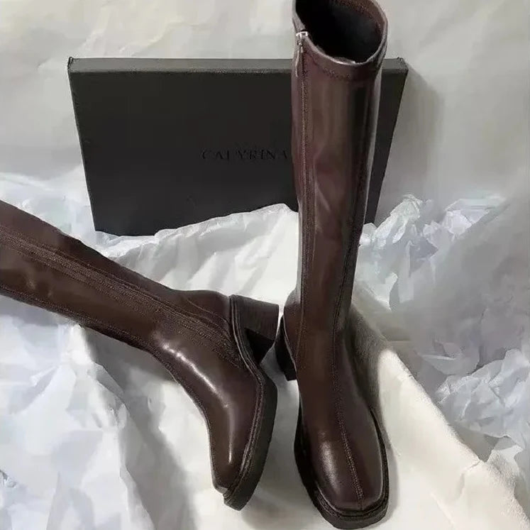 Women's Faux Leather Square Toe Knee-High Boots