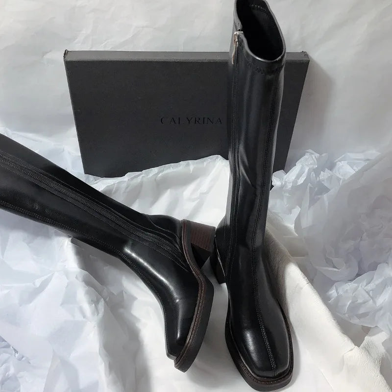 Women's Faux Leather Square Toe Knee-High Boots