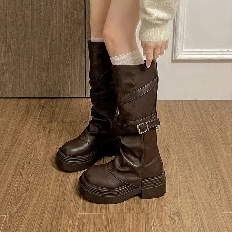 Women's Knee-High Chunky Heel Buckle Boots | Fall & Winter Boots