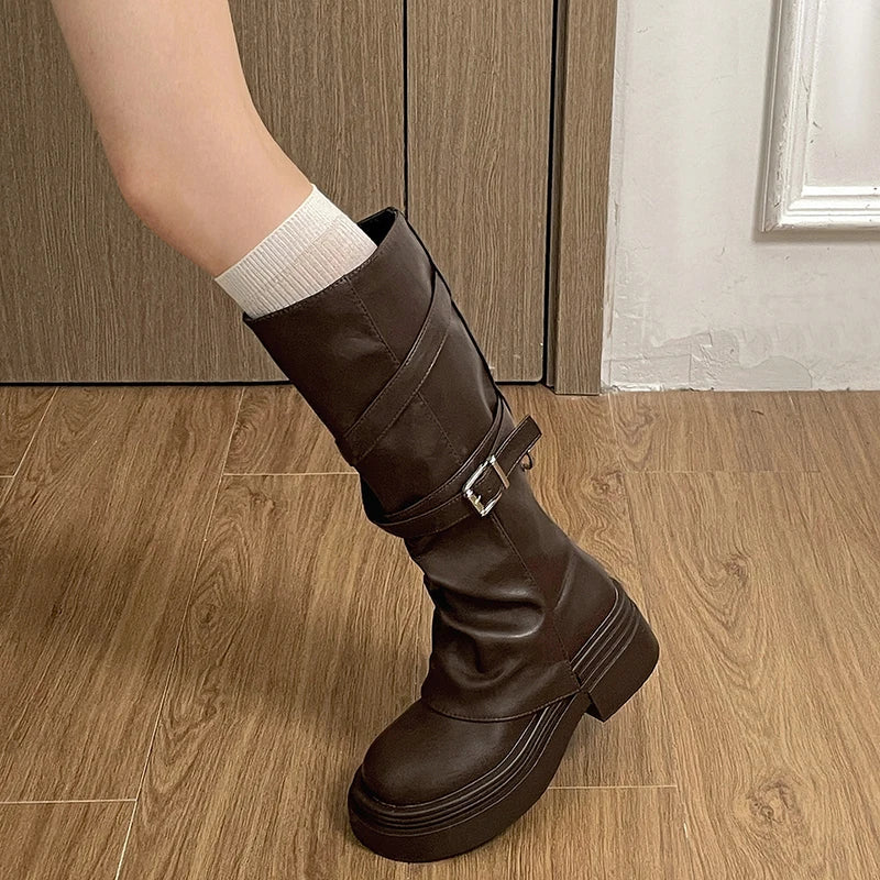 Women's Knee-High Chunky Heel Buckle Boots | Fall & Winter Boots
