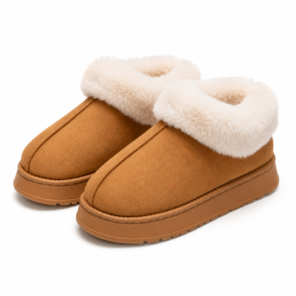 Women's Plush Collar Slip-On Ankle Boots | Suede-Look Indoor & Casual Winter Booties