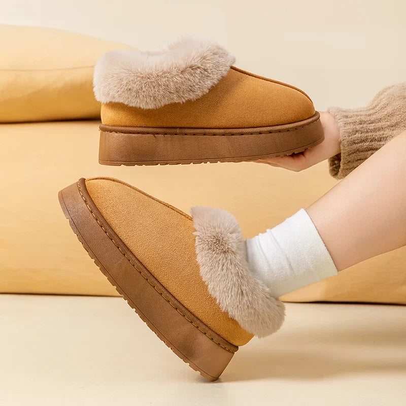 Women's Plush Collar Slip-On Ankle Boots | Suede-Look Indoor & Casual Winter Booties