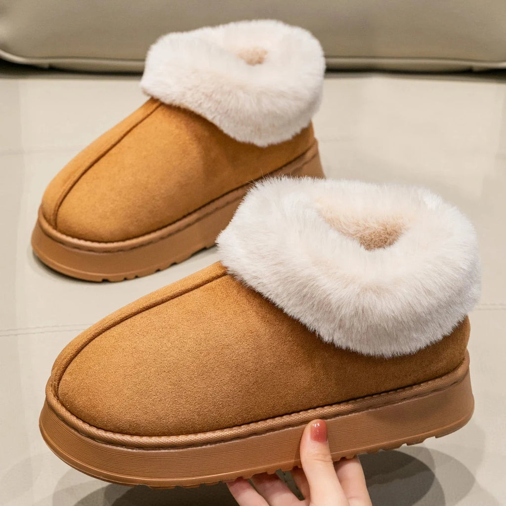 Women's Plush Collar Slip-On Ankle Boots | Suede-Look Indoor & Casual Winter Booties