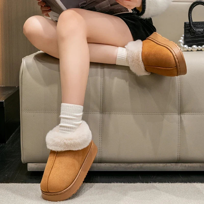 Women's Plush Collar Slip-On Ankle Boots | Suede-Look Indoor & Casual Winter Booties