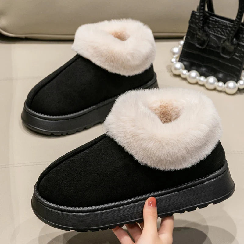 Women's Plush Collar Slip-On Ankle Boots | Suede-Look Indoor & Casual Winter Booties