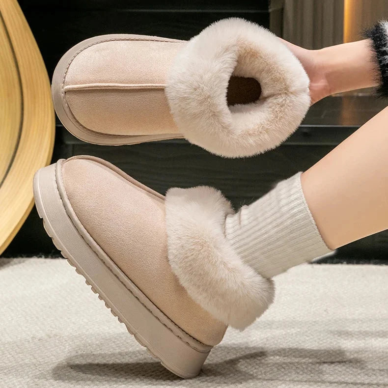 Women's Plush Collar Slip-On Ankle Boots | Suede-Look Indoor & Casual Winter Booties
