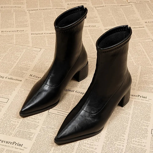 Aria | Women's Pointed Toe Block Heel PU Leather Ankle Boots