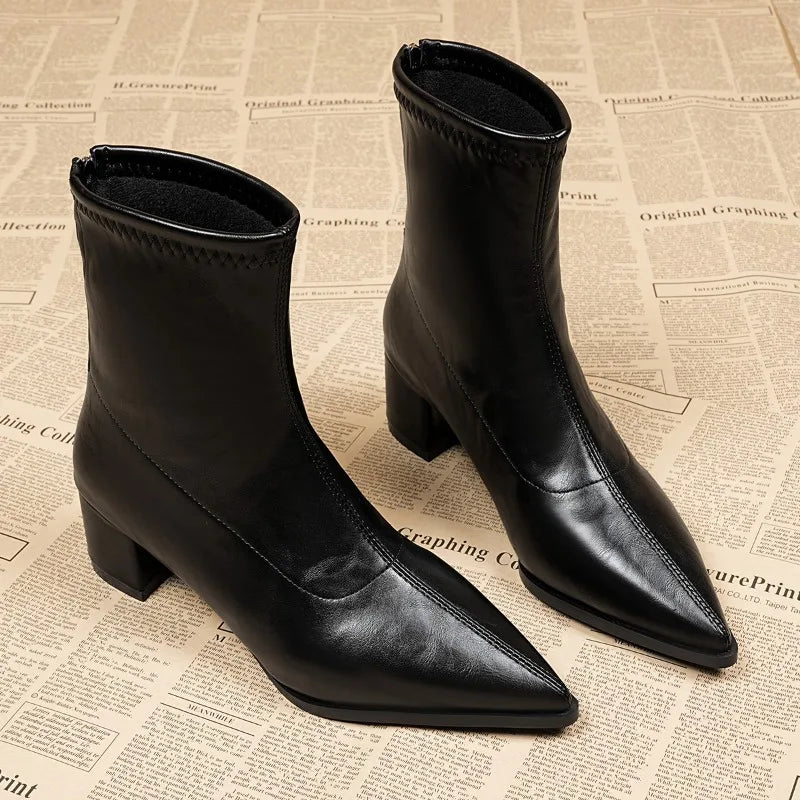 Aria | Women's Pointed Toe Block Heel PU Leather Ankle Boots