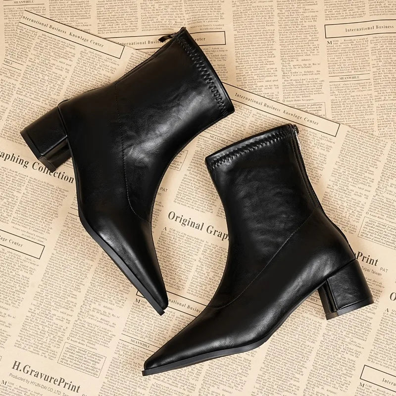 Aria | Women's Pointed Toe Block Heel PU Leather Ankle Boots
