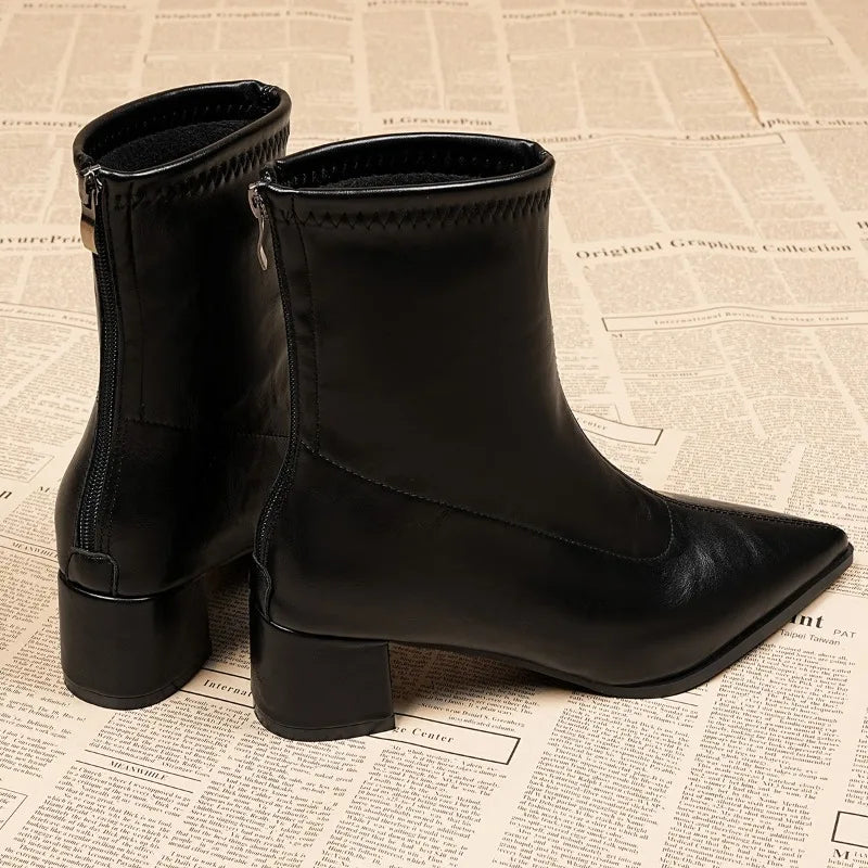 Aria | Women's Pointed Toe Block Heel PU Leather Ankle Boots