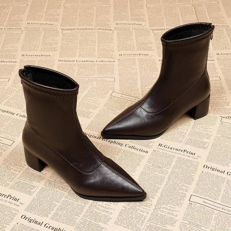 Aria | Women's Pointed Toe Block Heel PU Leather Ankle Boots