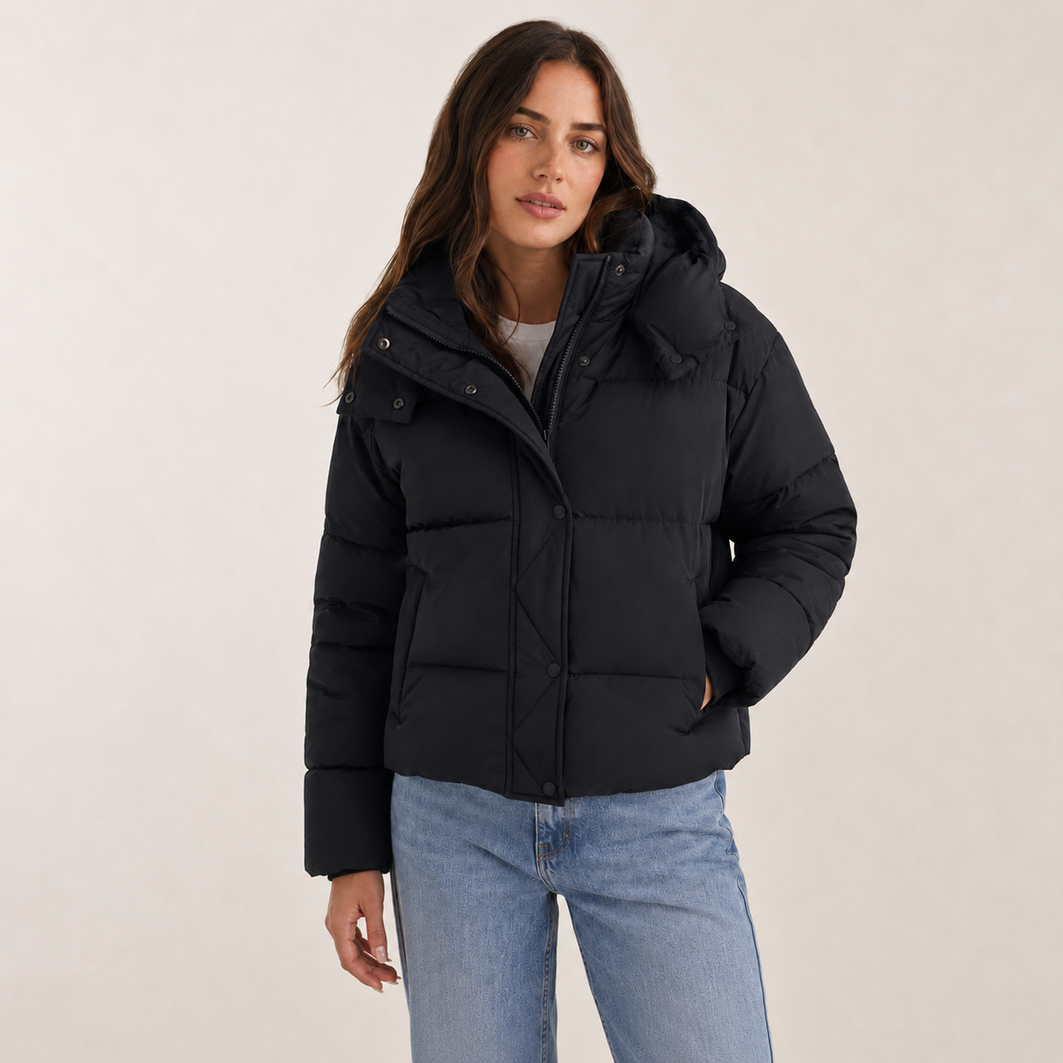 Women's Short Winter Puffer Jacket with Removable Hood