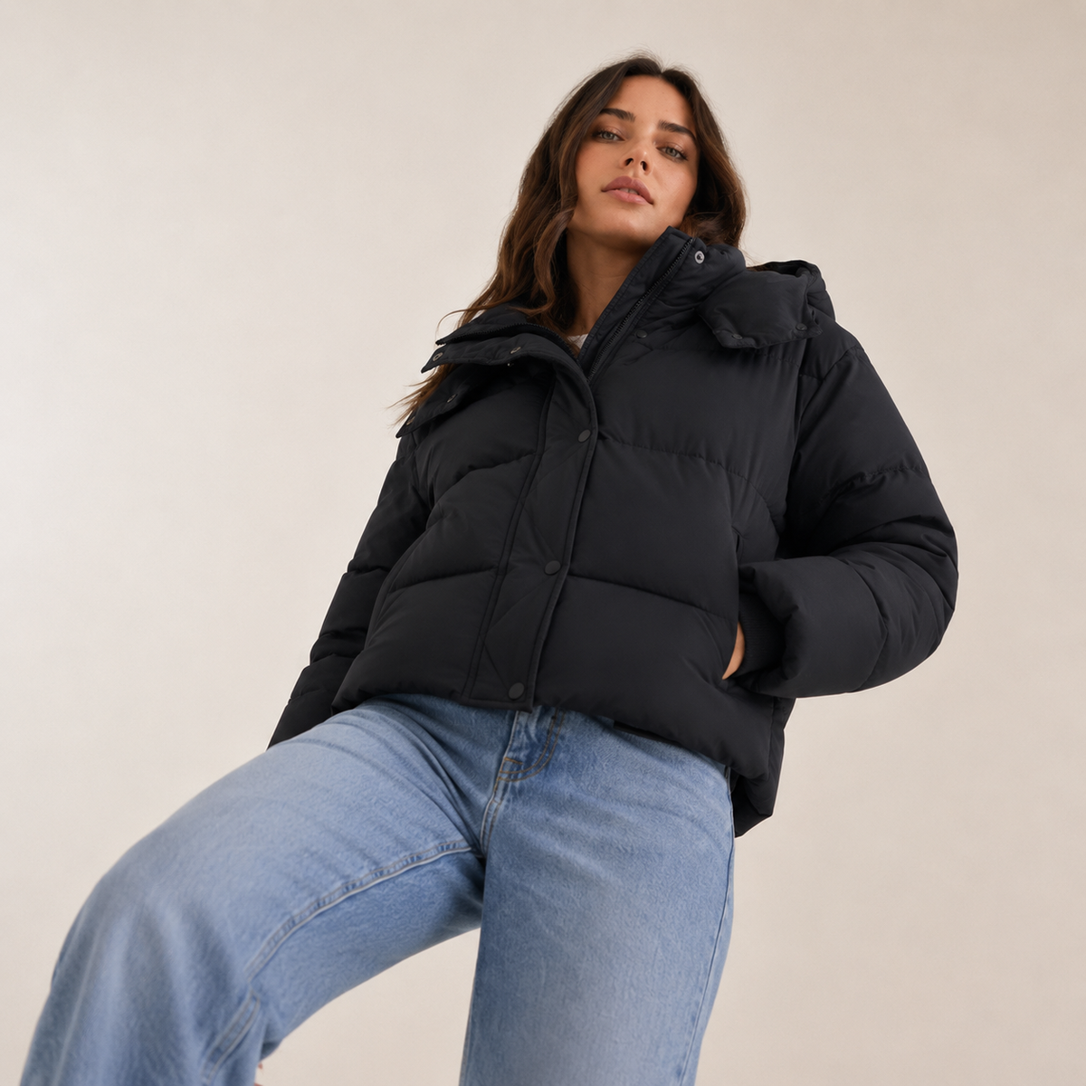 Women's Short Winter Puffer Jacket with Removable Hood