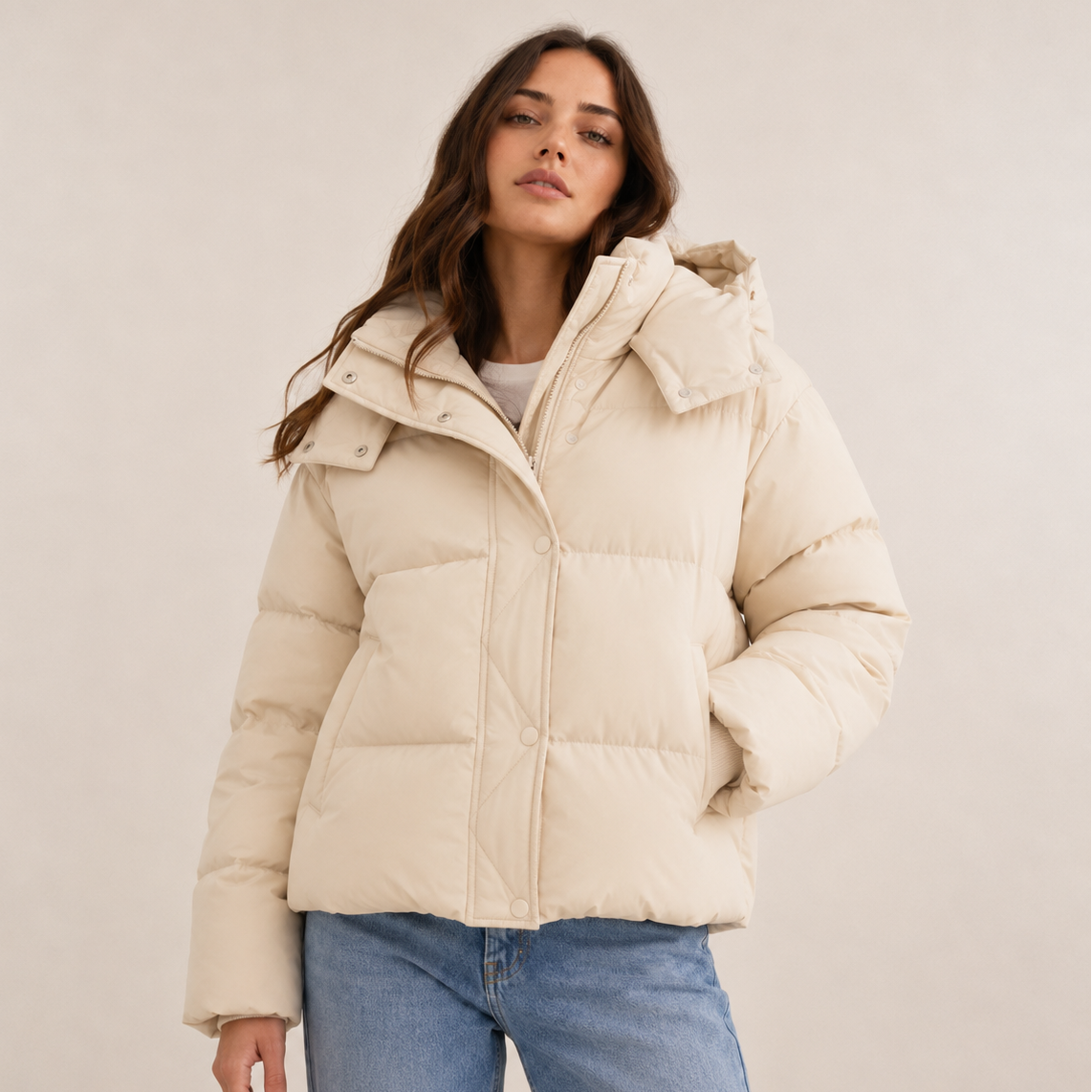 Women's Short Winter Puffer Jacket with Removable Hood