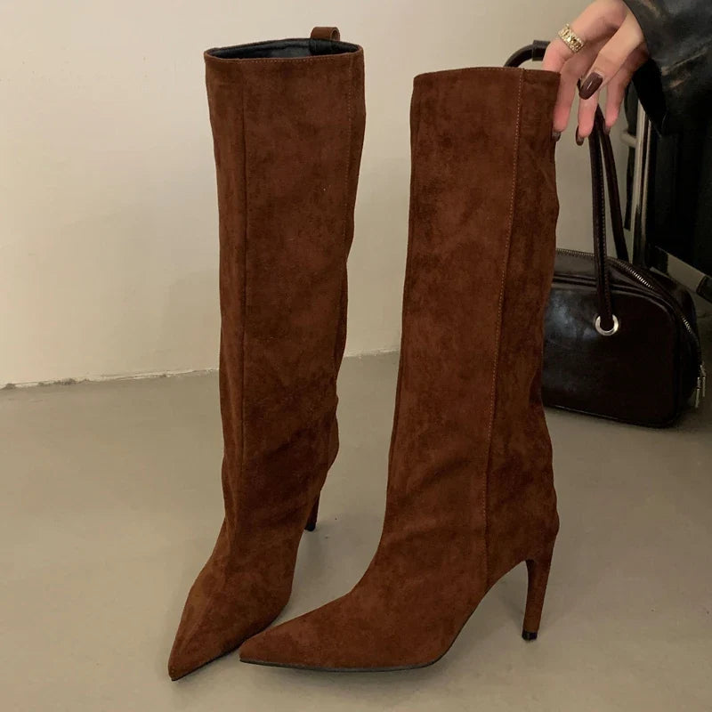Women's Suede Pointed Toe Stiletto Knee-High Boots Thin Heel