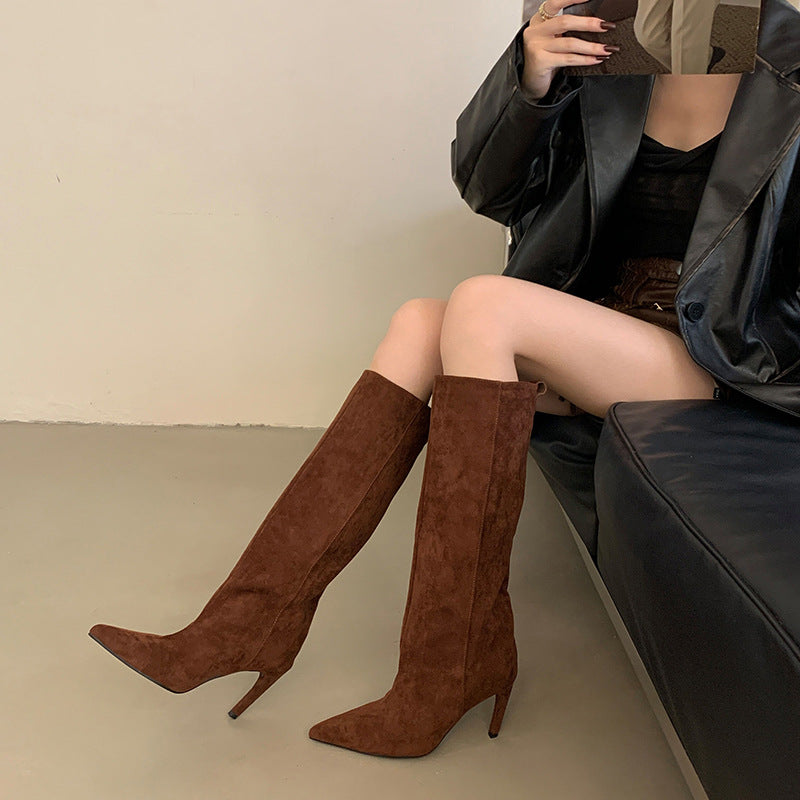 Women's Suede Pointed Toe Stiletto Knee-High Boots Thin Heel