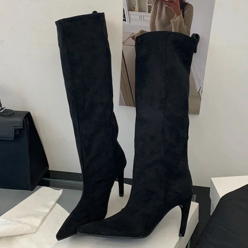 Women's Suede Pointed Toe Stiletto Knee-High Boots Thin Heel