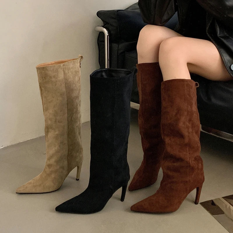 Women's Suede Pointed Toe Stiletto Knee-High Boots Thin Heel