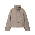 Women's Textured High Collar Winter Jacket – Side Button Short Structured Outerwear
