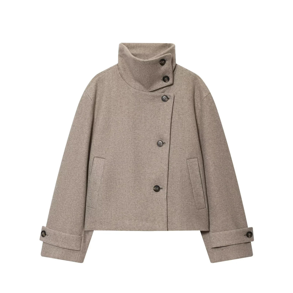 Women's Textured High Collar Winter Jacket – Side Button Short Structured Outerwear