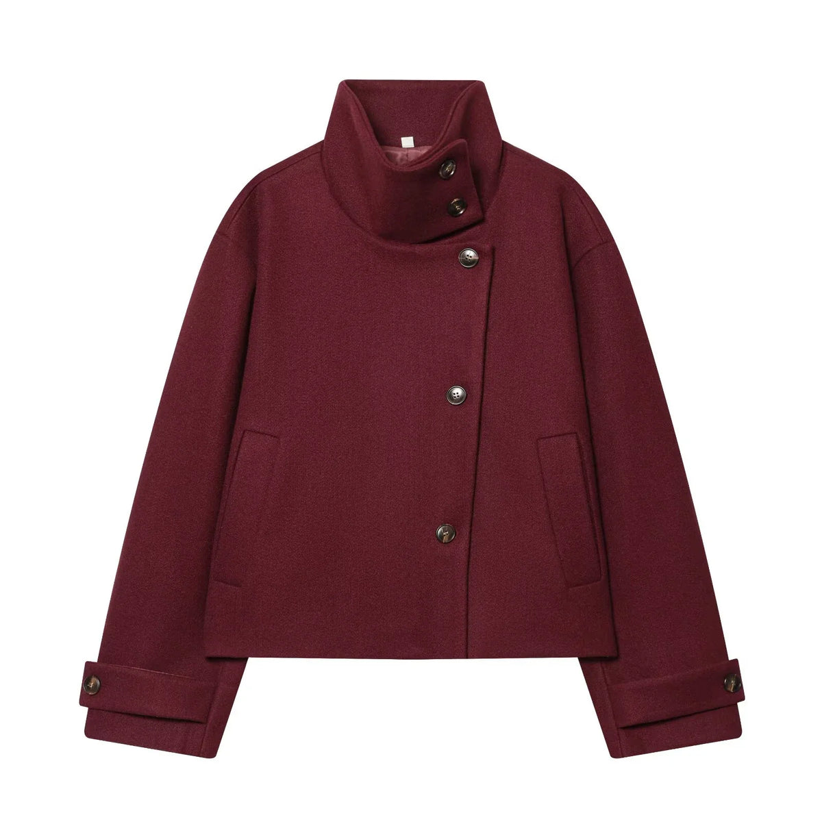 Women's Textured High Collar Winter Jacket – Side Button Short Structured Outerwear