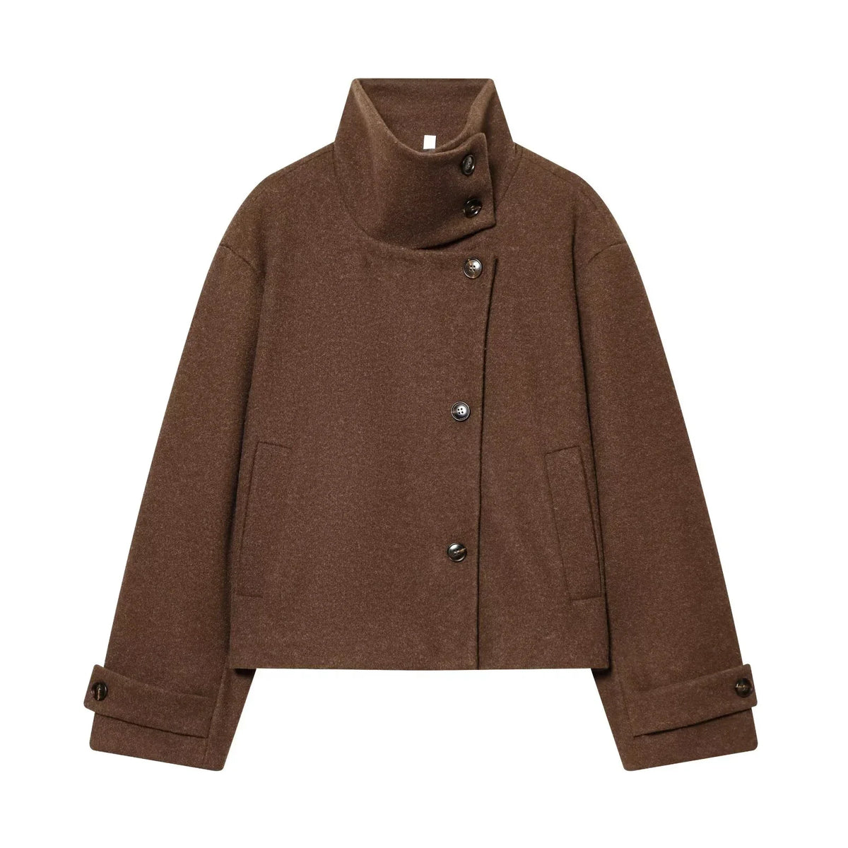 Women's Textured High Collar Winter Jacket – Side Button Short Structured Outerwear