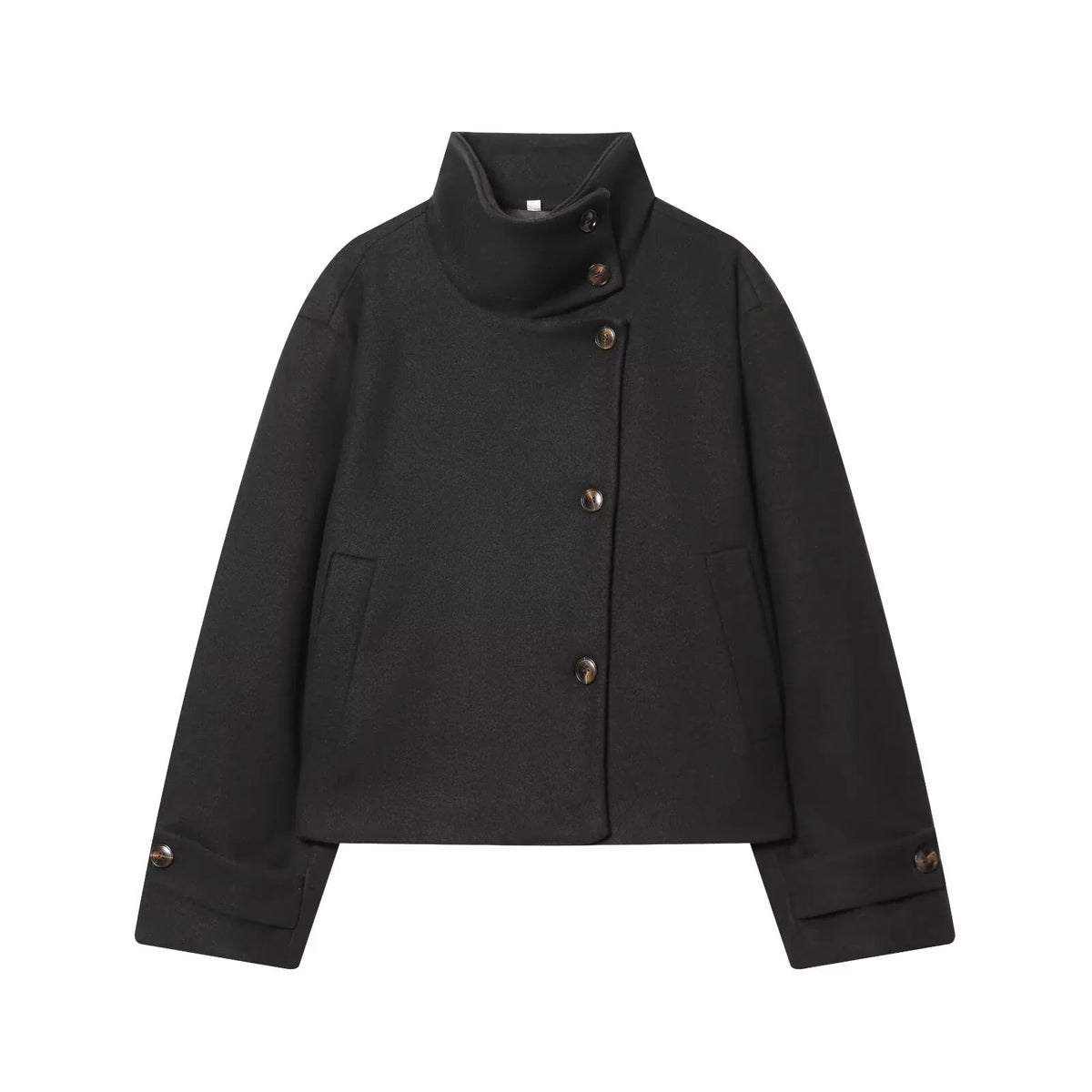Women's Textured High Collar Winter Jacket – Side Button Short Structured Outerwear