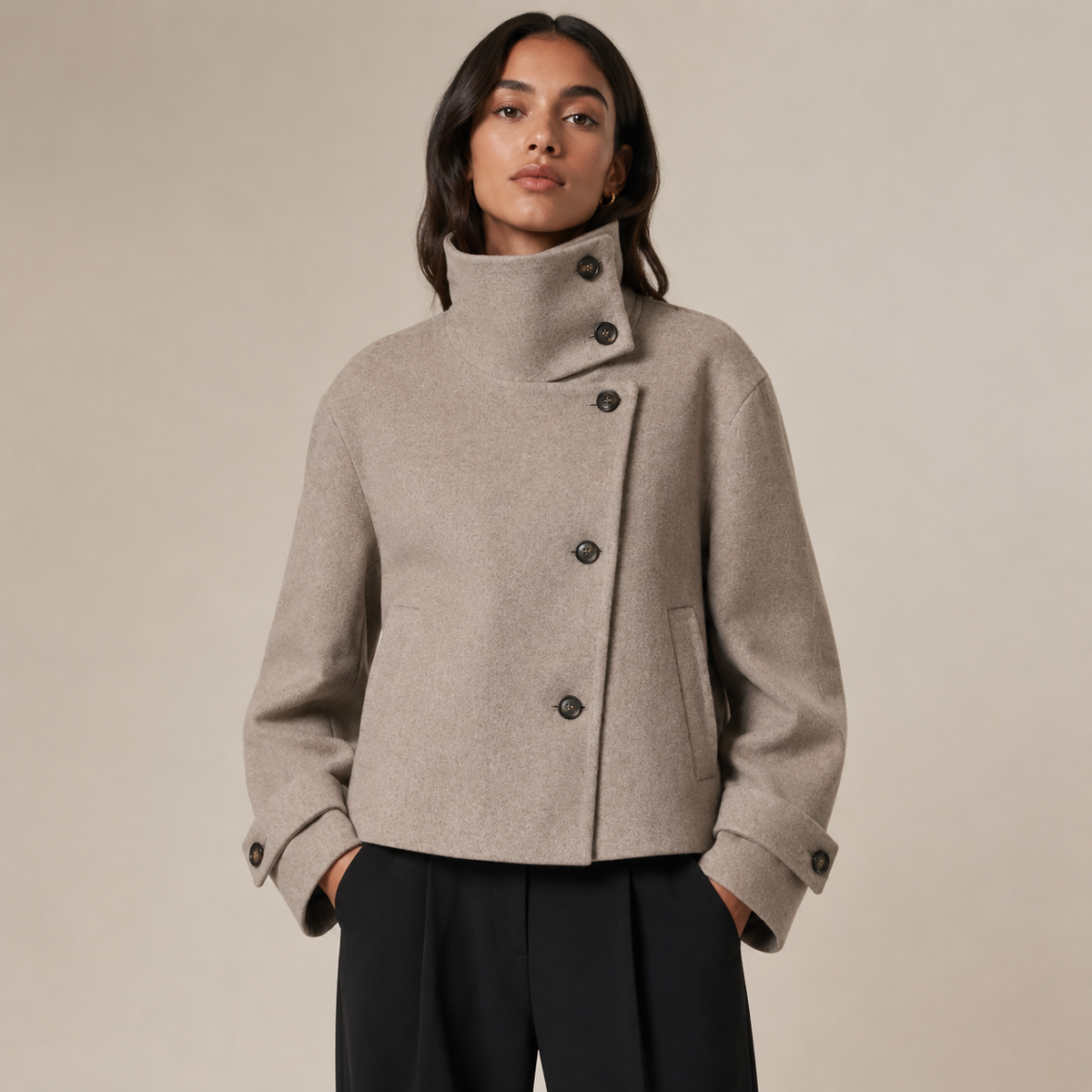 Women's Textured High Collar Winter Jacket – Side Button Short Structured Outerwear