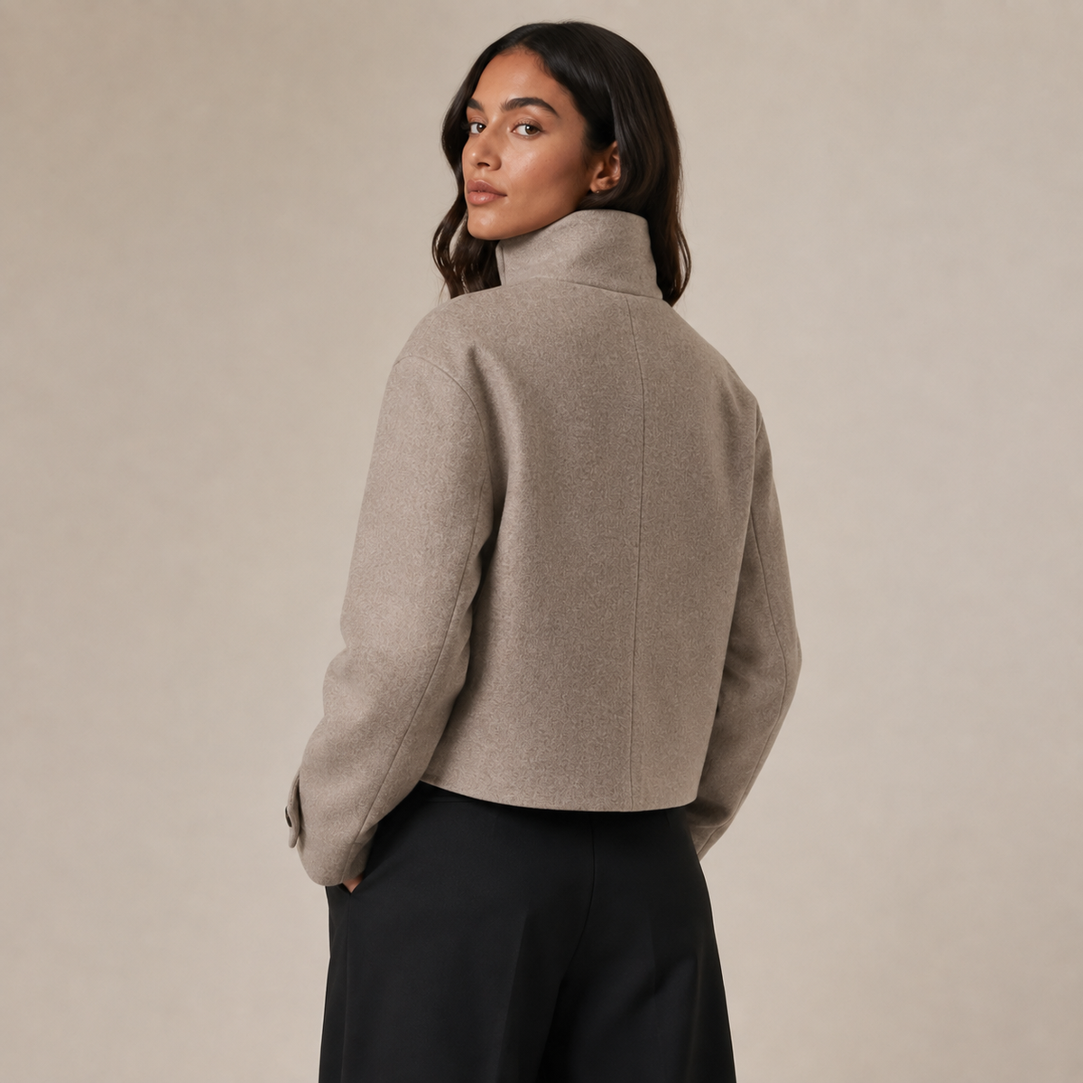 Women's Textured High Collar Winter Jacket – Side Button Short Structured Outerwear