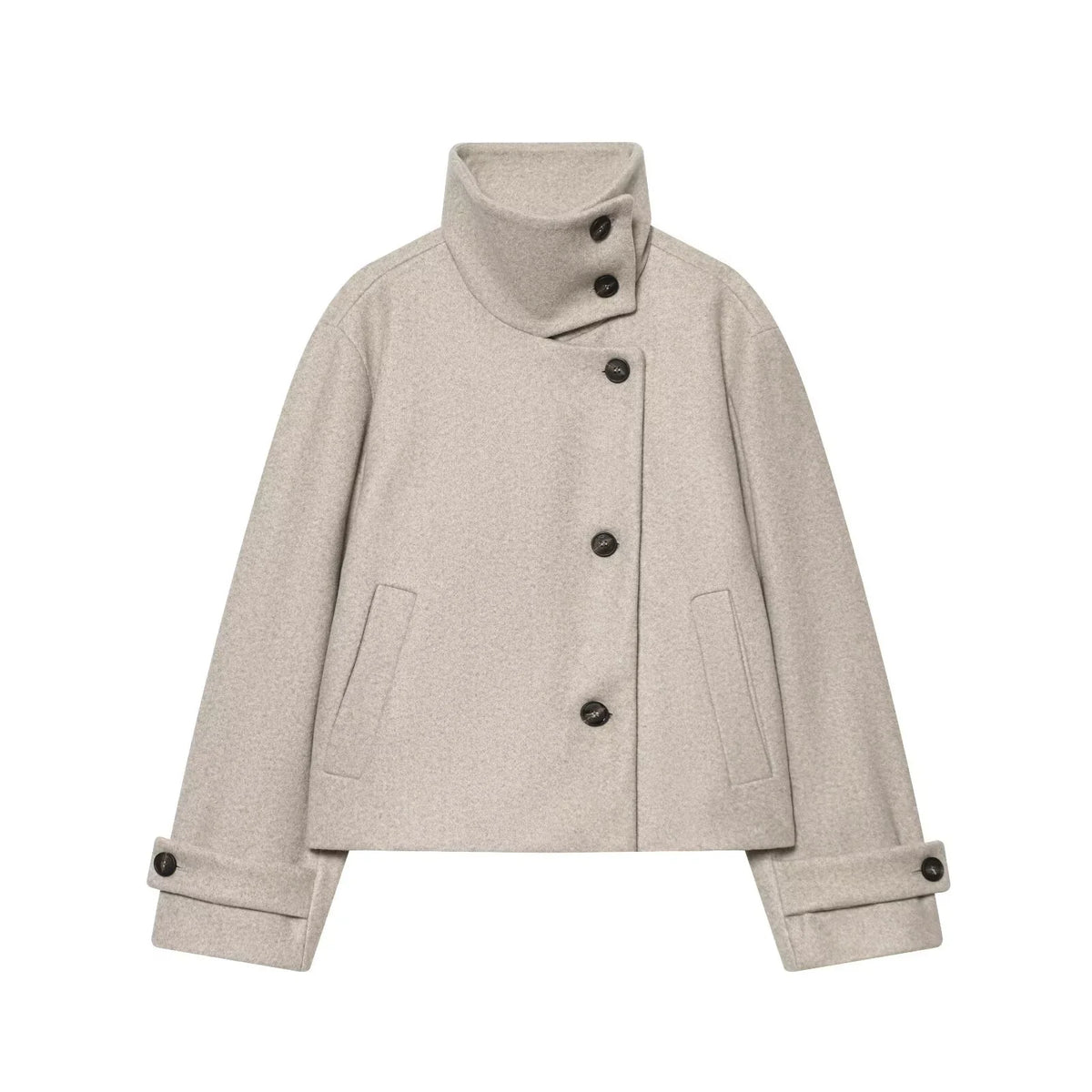 Women's Textured High Collar Winter Jacket – Side Button Short Structured Outerwear