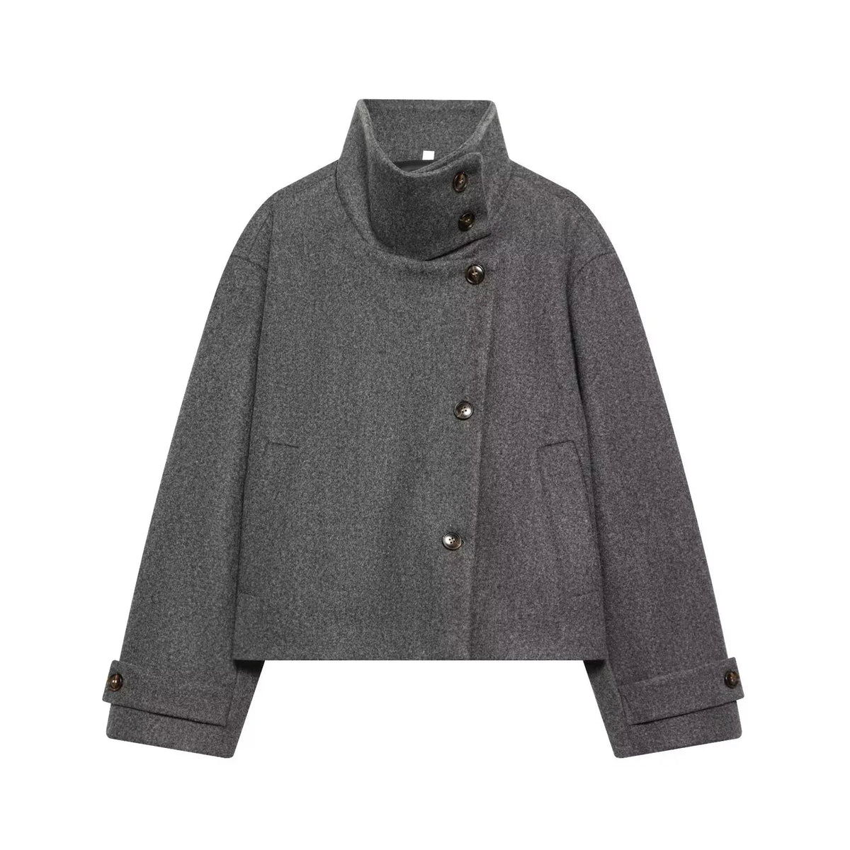 Women's Textured High Collar Winter Jacket – Side Button Short Structured Outerwear