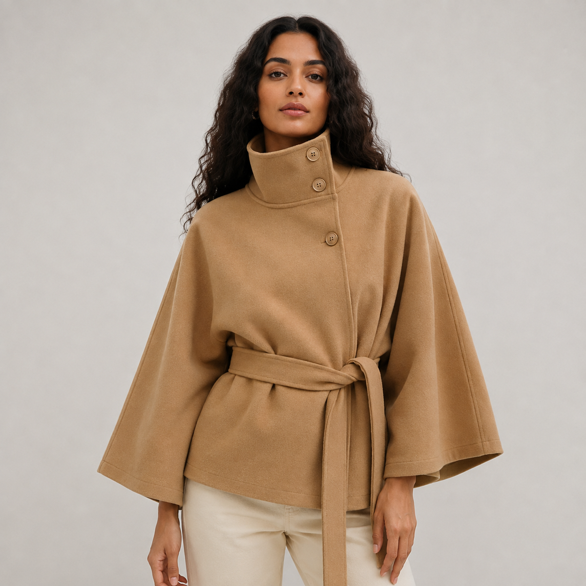 Women's Winter Cape Jacket with High Collar and Waist Belt