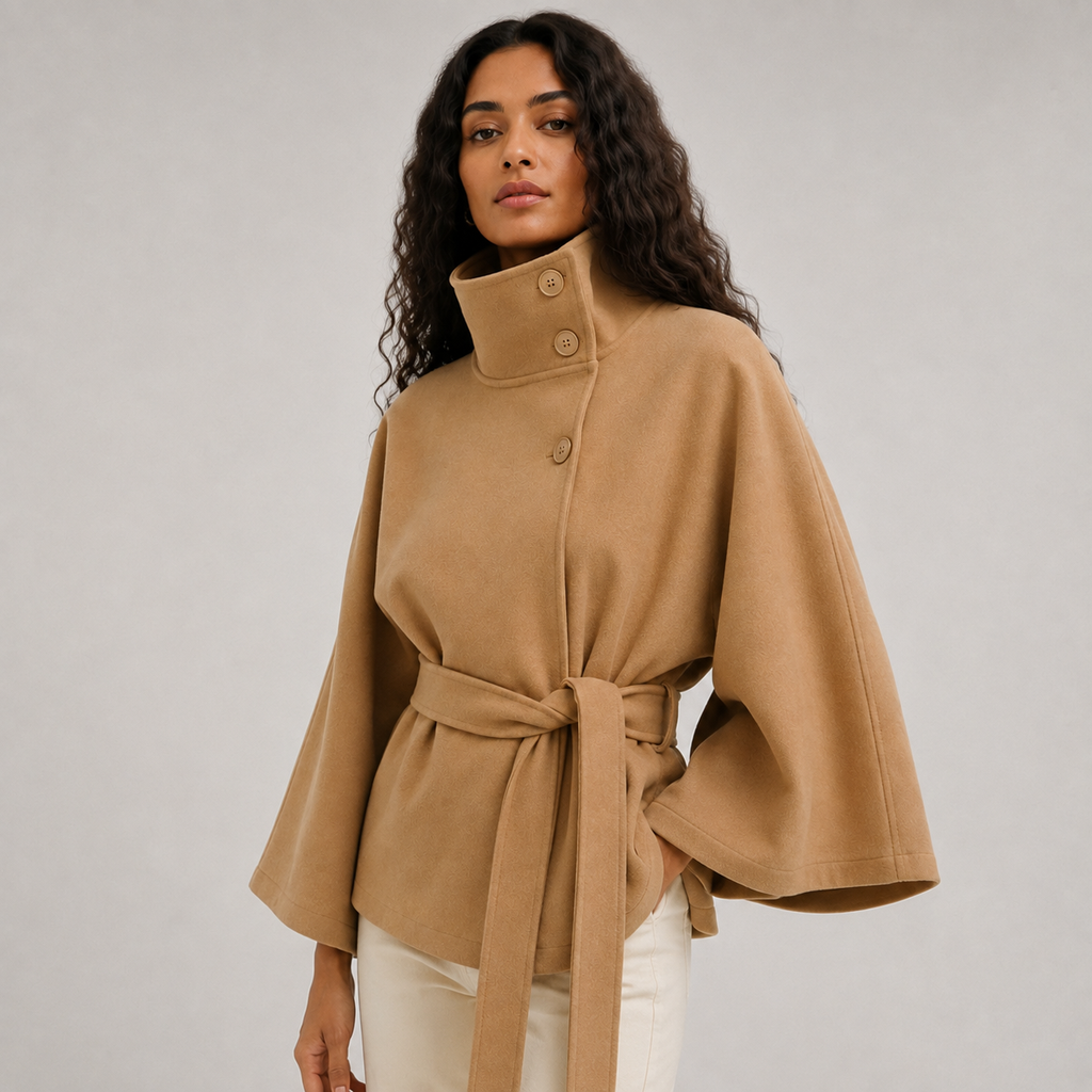 Women's Winter Cape Jacket with High Collar and Waist Belt